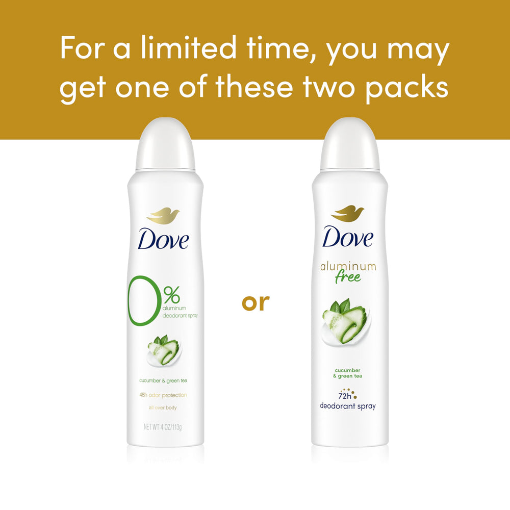 Dove aluminum-free deodorant spray with cucumber green tea scent visible on packaging