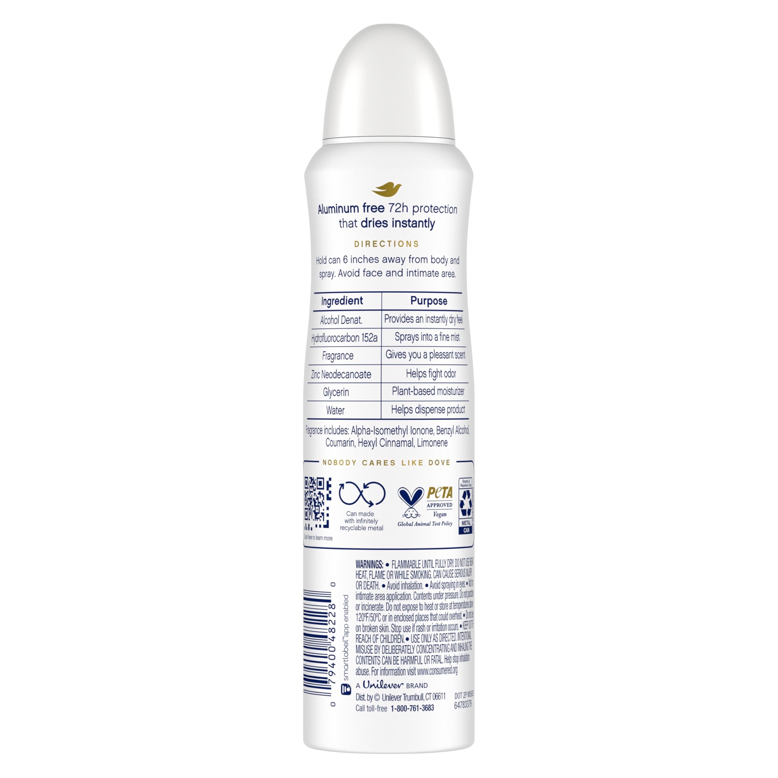 Dove aluminum-free deodorant spray can demonstrates easy, quick-dry application