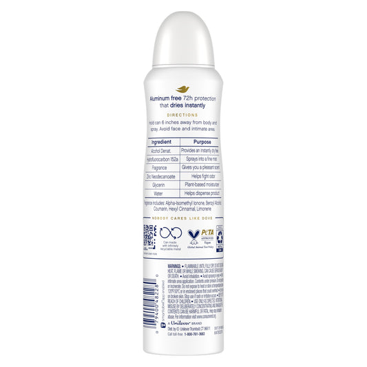 Dove aluminum-free deodorant spray can demonstrates easy, quick-dry application