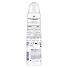 Dove aluminum-free deodorant spray can demonstrates easy, quick-dry application