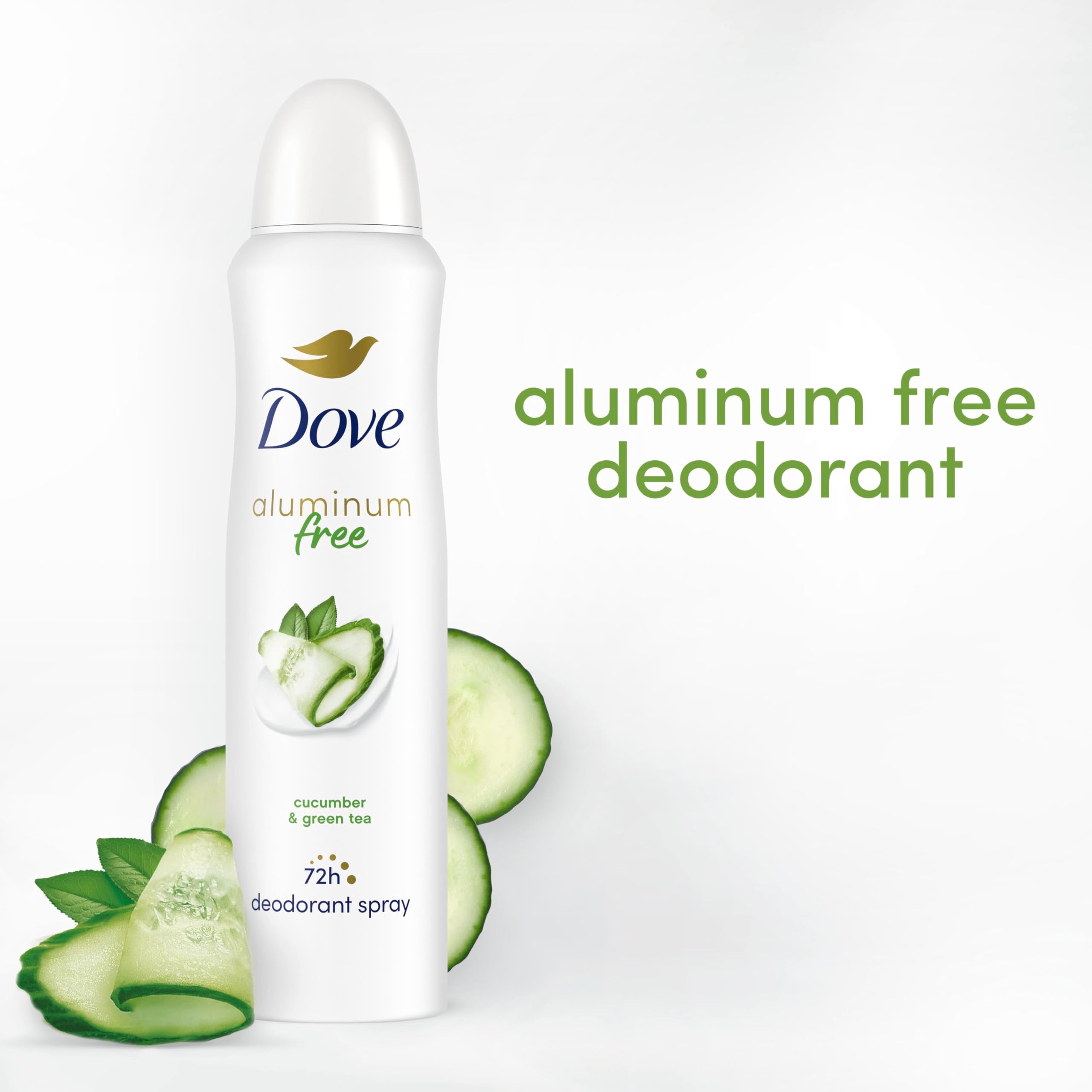 Dove aluminum-free deodorant spray in bright bathroom setting with packaging