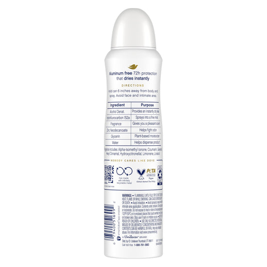 Dove aluminum-free deodorant spray mist with dragon fruit coconut fragrance for daily use.
