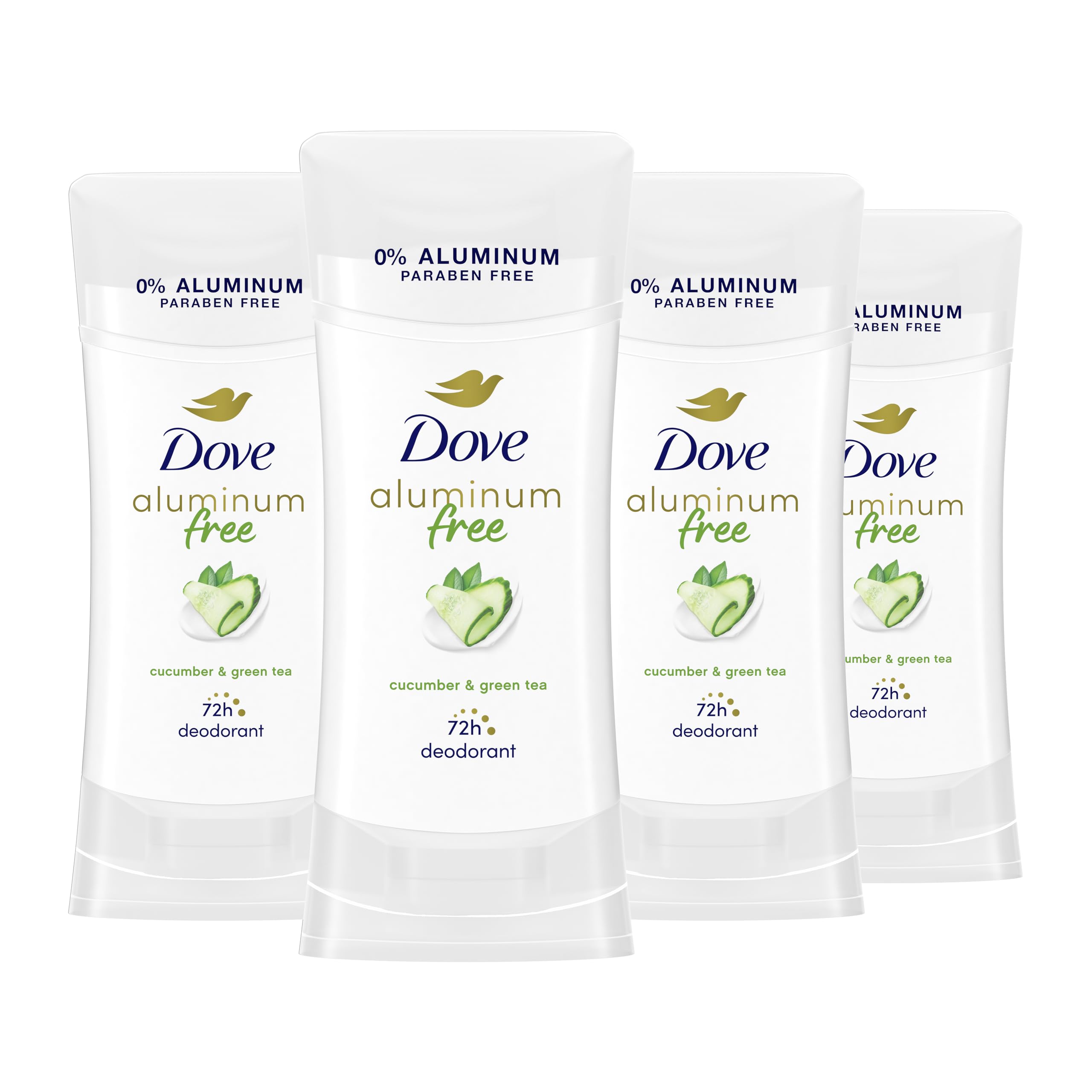Dove aluminum-free deodorant stick packaging for on-the-go freshness.