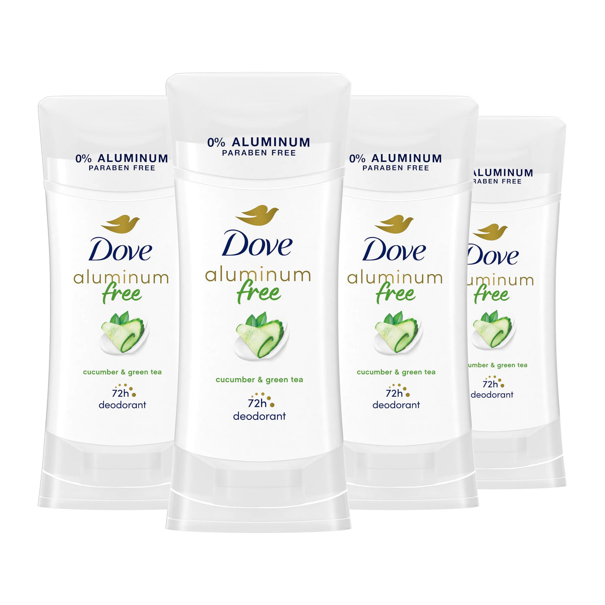 Dove aluminum-free deodorant stick packaging for on-the-go freshness.