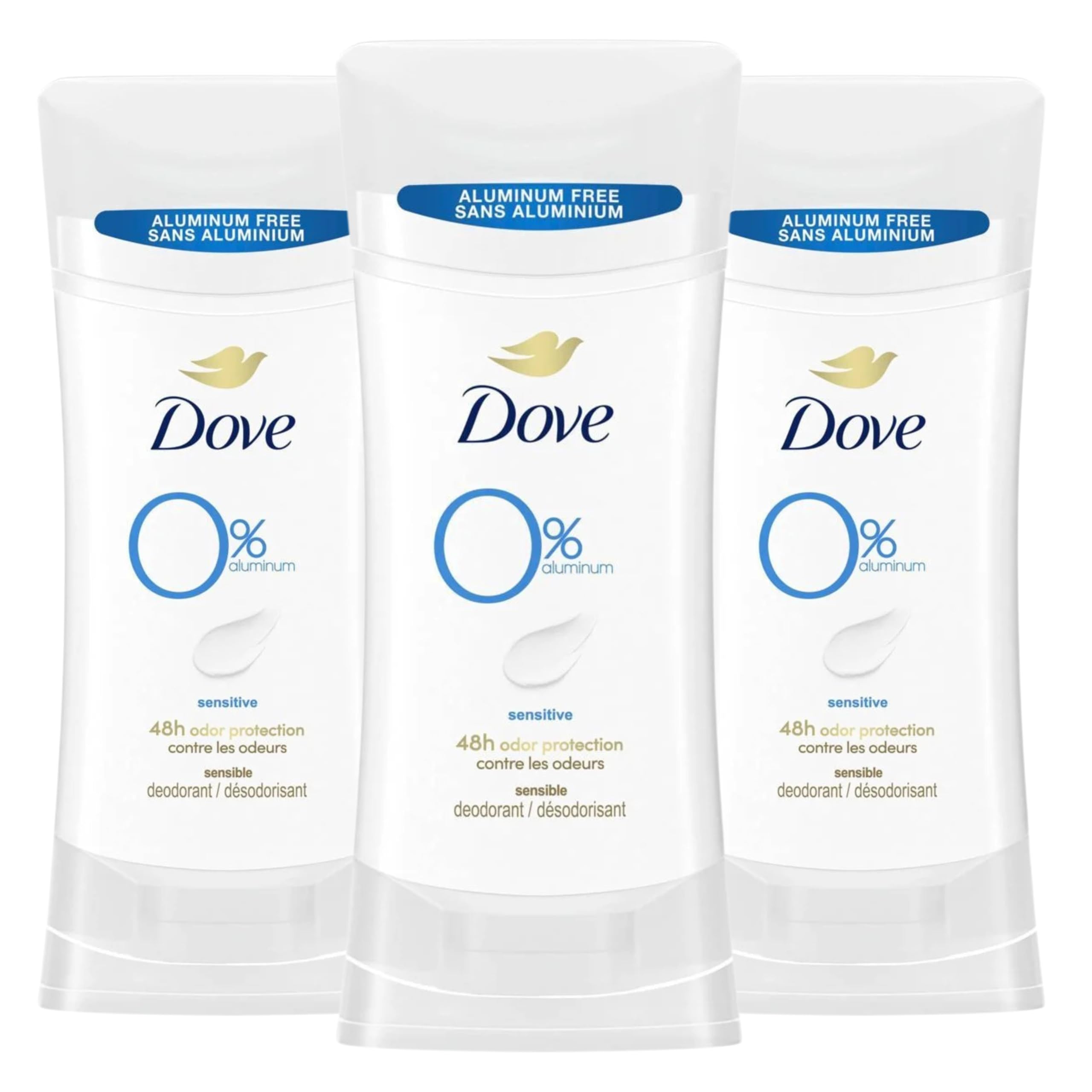 Dove aluminum-free deodorant for women stick in a 3-count pack, gentle on sensitive skin.