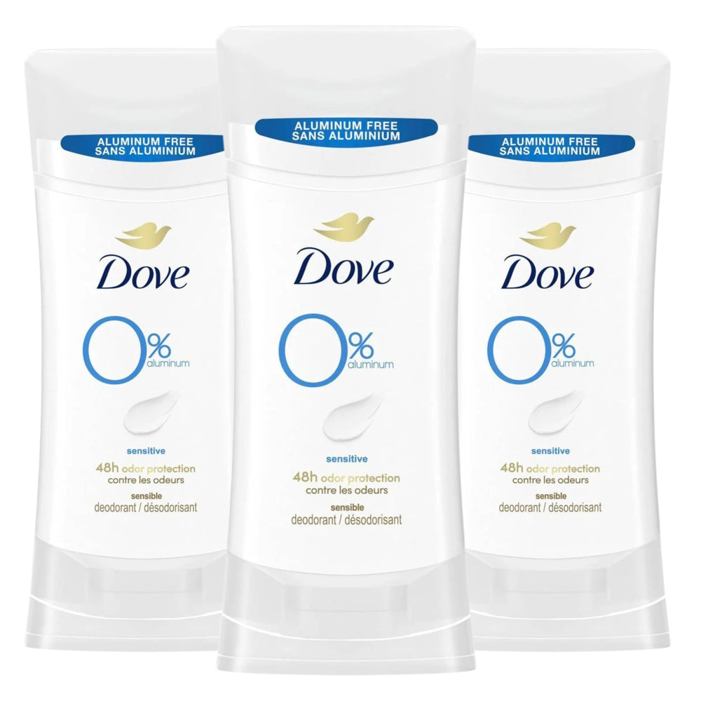 Dove aluminum-free deodorant for women stick in a 3-count pack, gentle on sensitive skin.