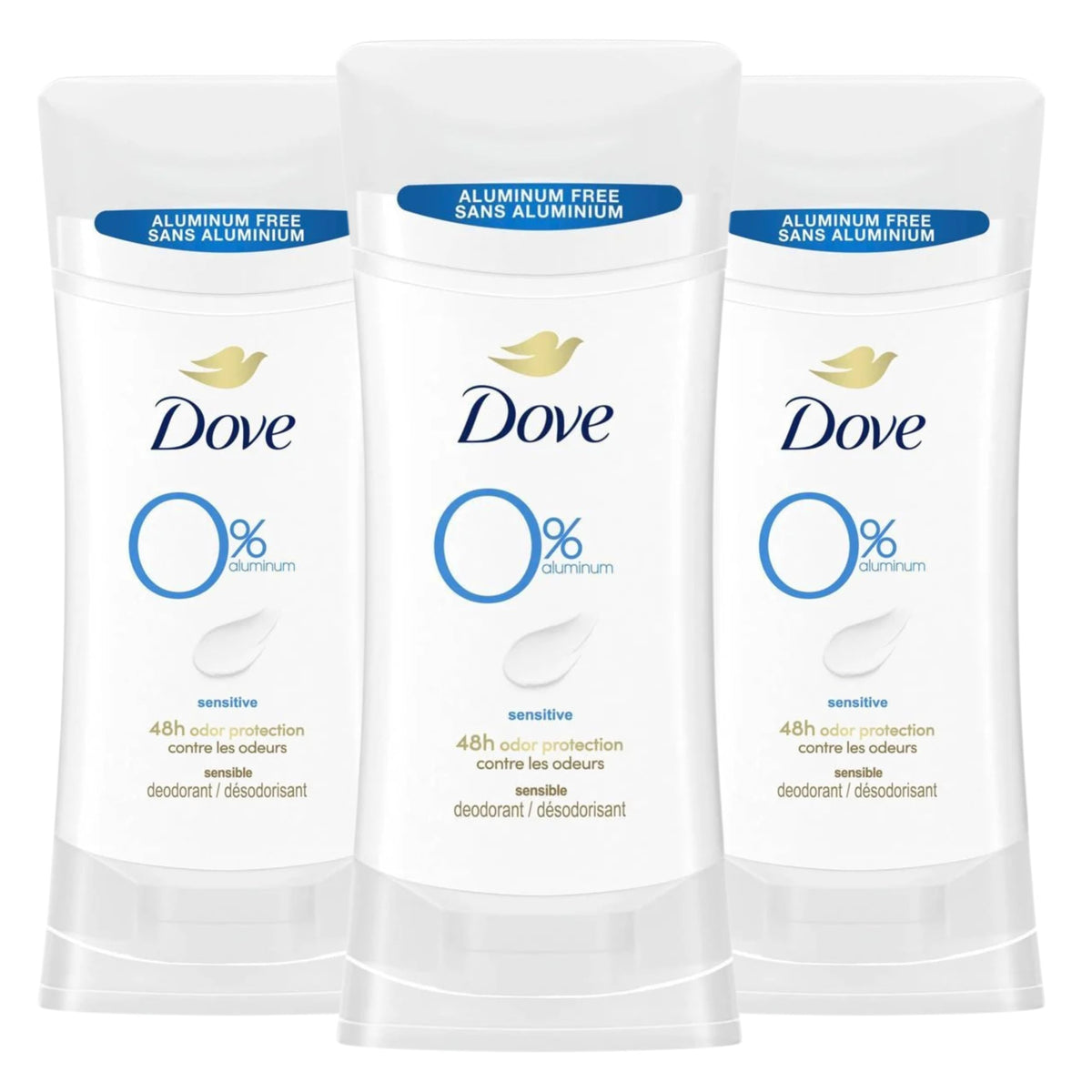 Dove aluminum-free deodorant for women stick in a 3-count pack, gentle on sensitive skin.