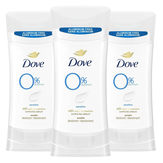 Dove aluminum-free deodorant for women stick in a 3-count pack, gentle on sensitive skin.