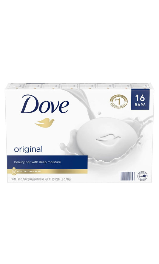 Dove Bar Soap Moisturizing pack shot with 16 bars for daily hydration