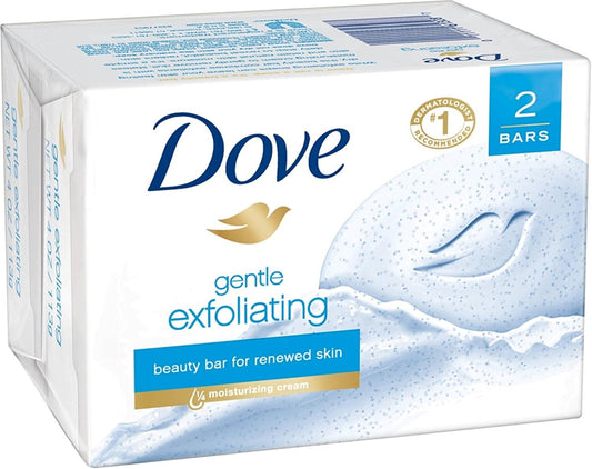 Dove Beauty Bar Gentle Exfoliating packaging shows a 3-pack display for daily cleansing