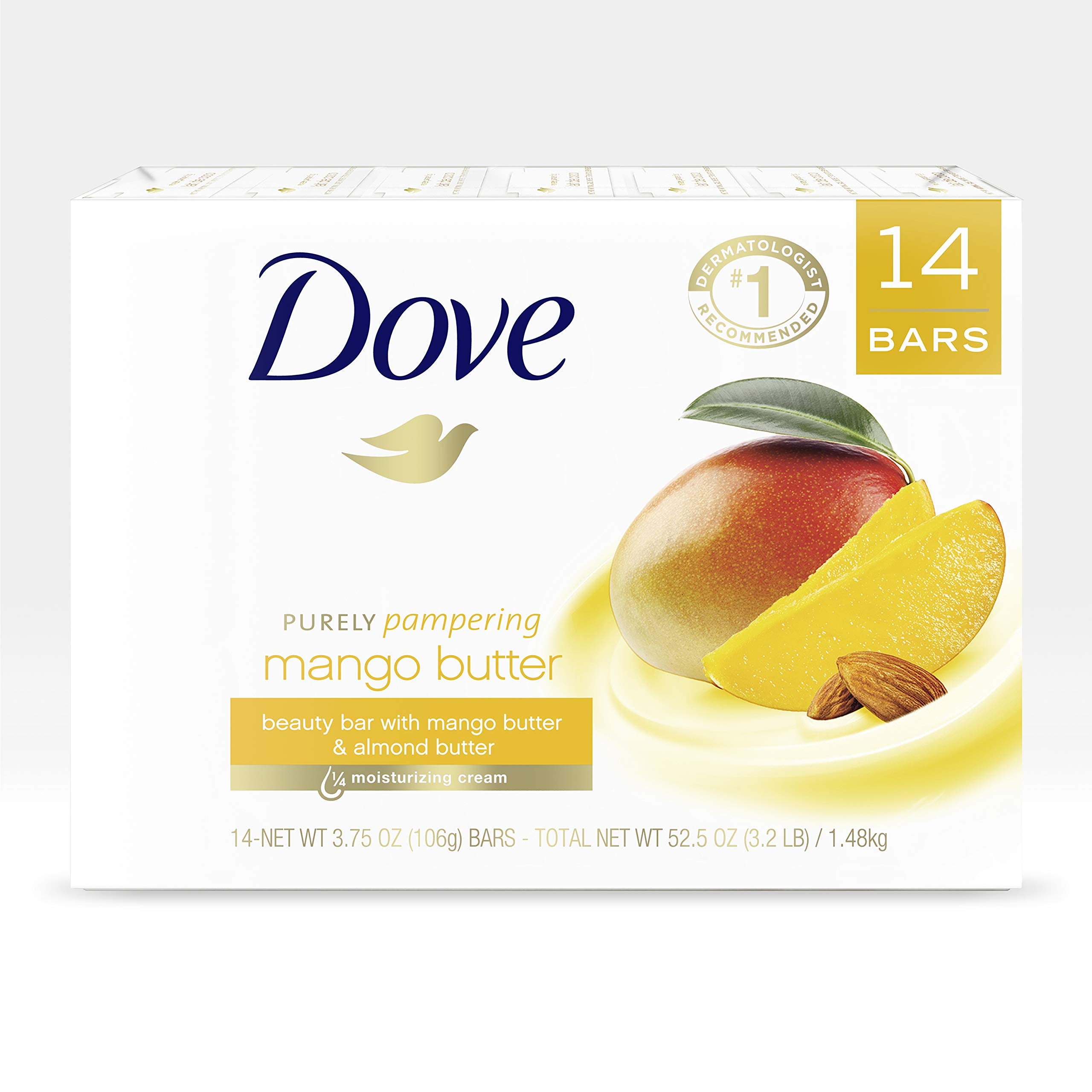 Dove Mango Butter Beauty Bar packaging highlights eco-friendly design for daily pampering.