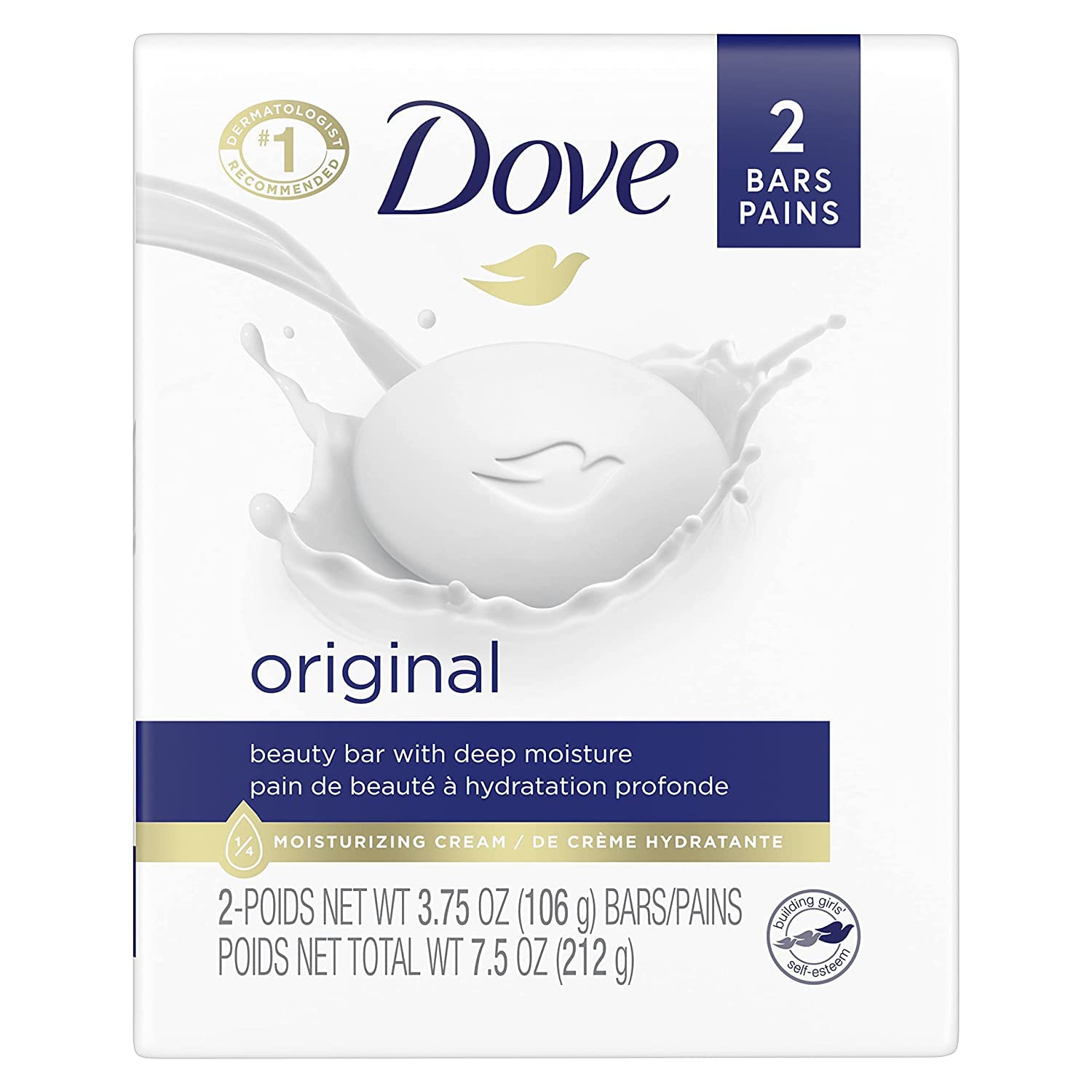 Dove Beauty Bar White 4oz front view for gentle daily cleansing and moisturized skin.