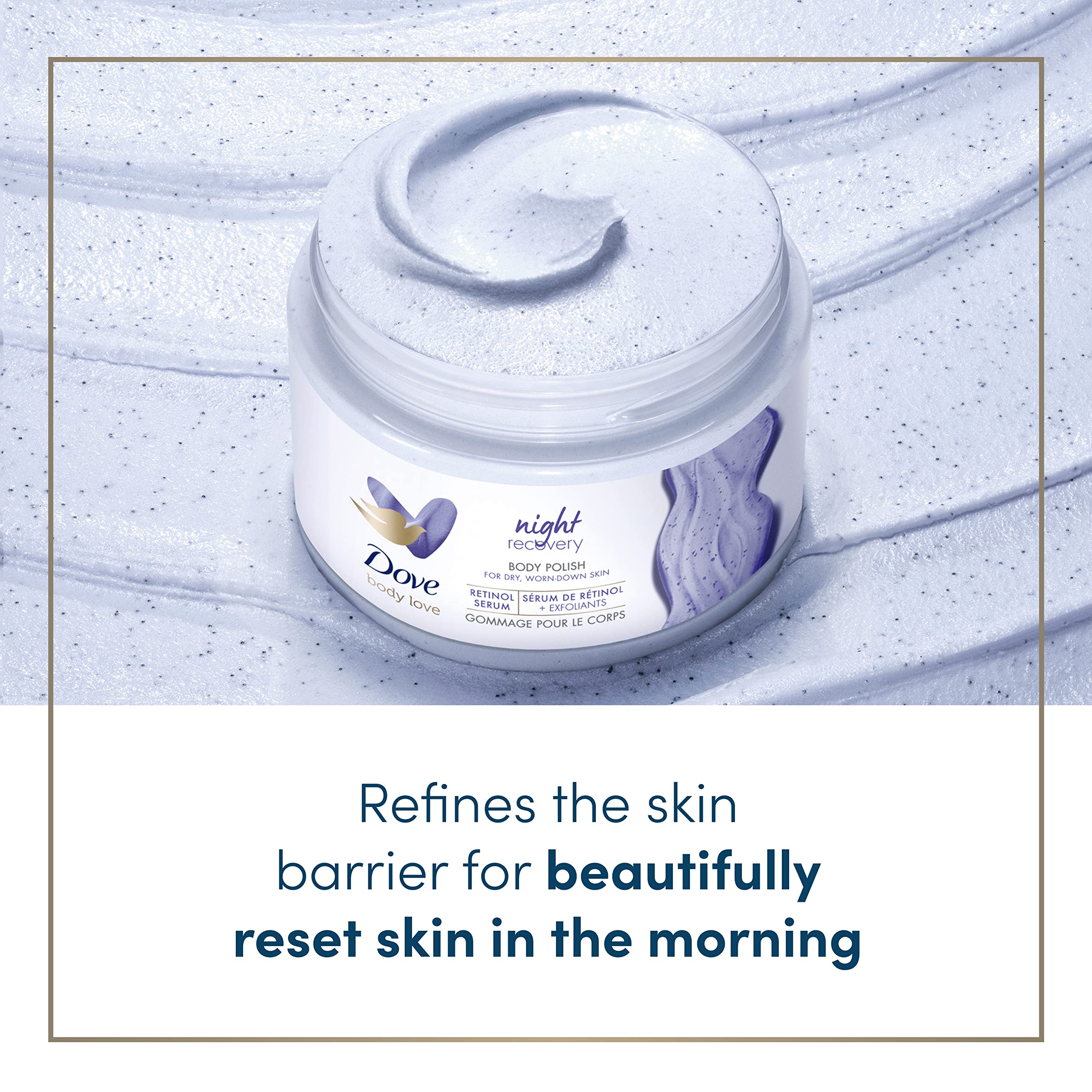 Close-up of exfoliating particles in Dove Body Love Night Recovery polish for smoother skin.