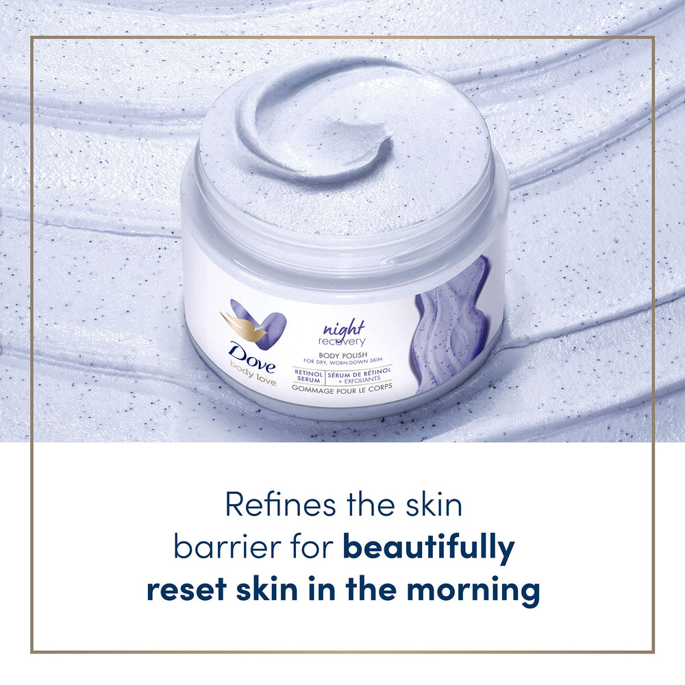 Close-up of exfoliating particles in Dove Body Love Night Recovery polish for smoother skin.