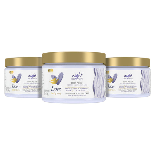 Dove Body Love Night Recovery polish jar showing rich exfoliating texture for dry skin.