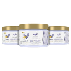 Dove Body Love Night Recovery polish jar showing rich exfoliating texture for dry skin.