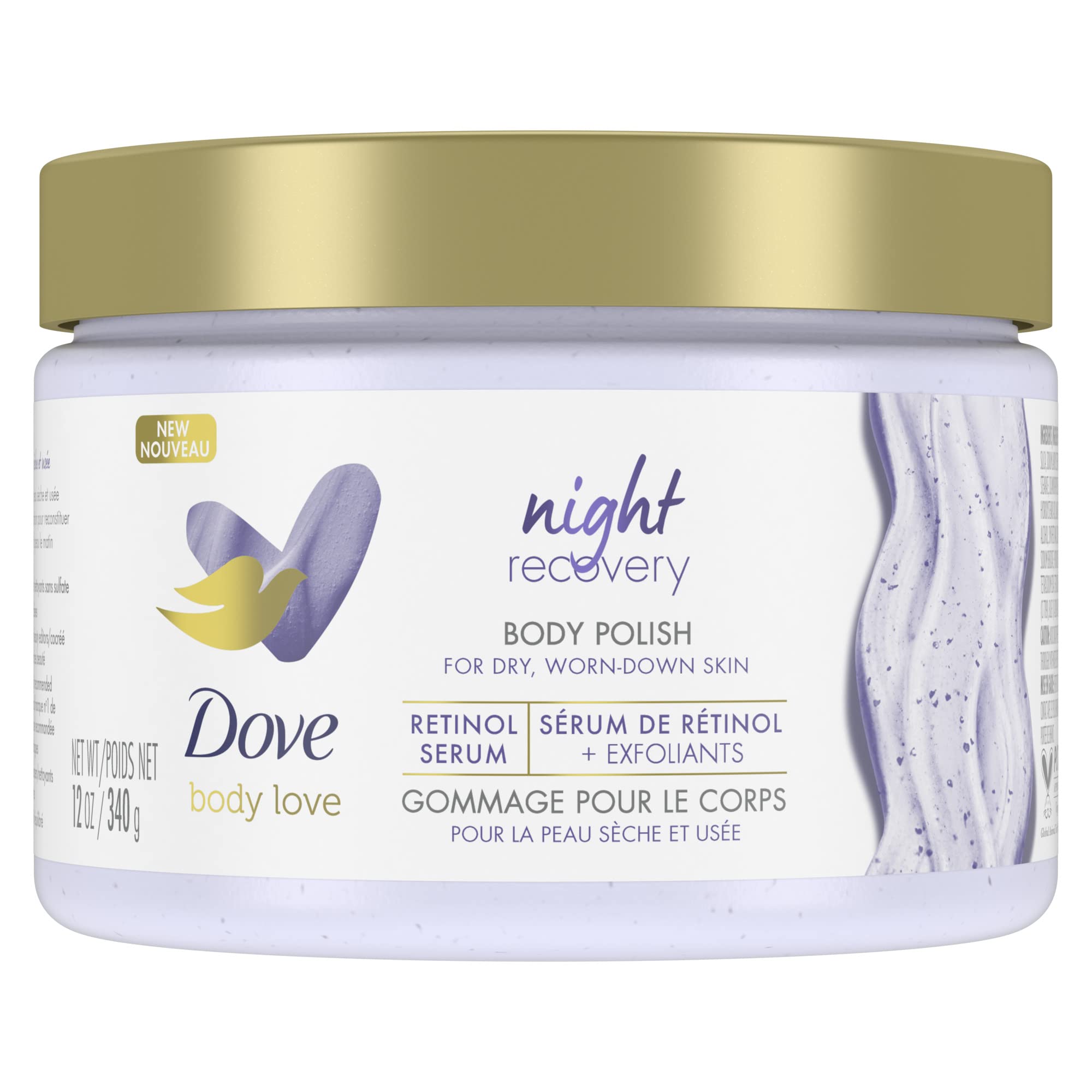 Dove Body Love Night Recovery scrub bottle ready for nighttime pampering and hydration