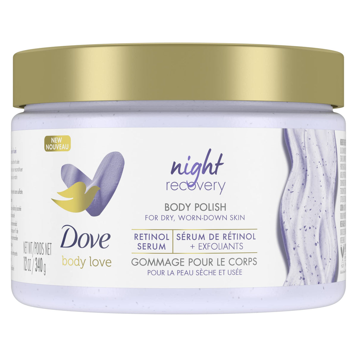 Dove Body Love Night Recovery scrub bottle ready for nighttime pampering and hydration