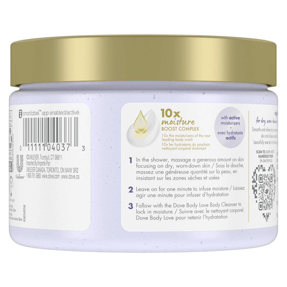 Dove Body Love Night Recovery scrub exfoliants closeup highlighting gentle night exfoliation