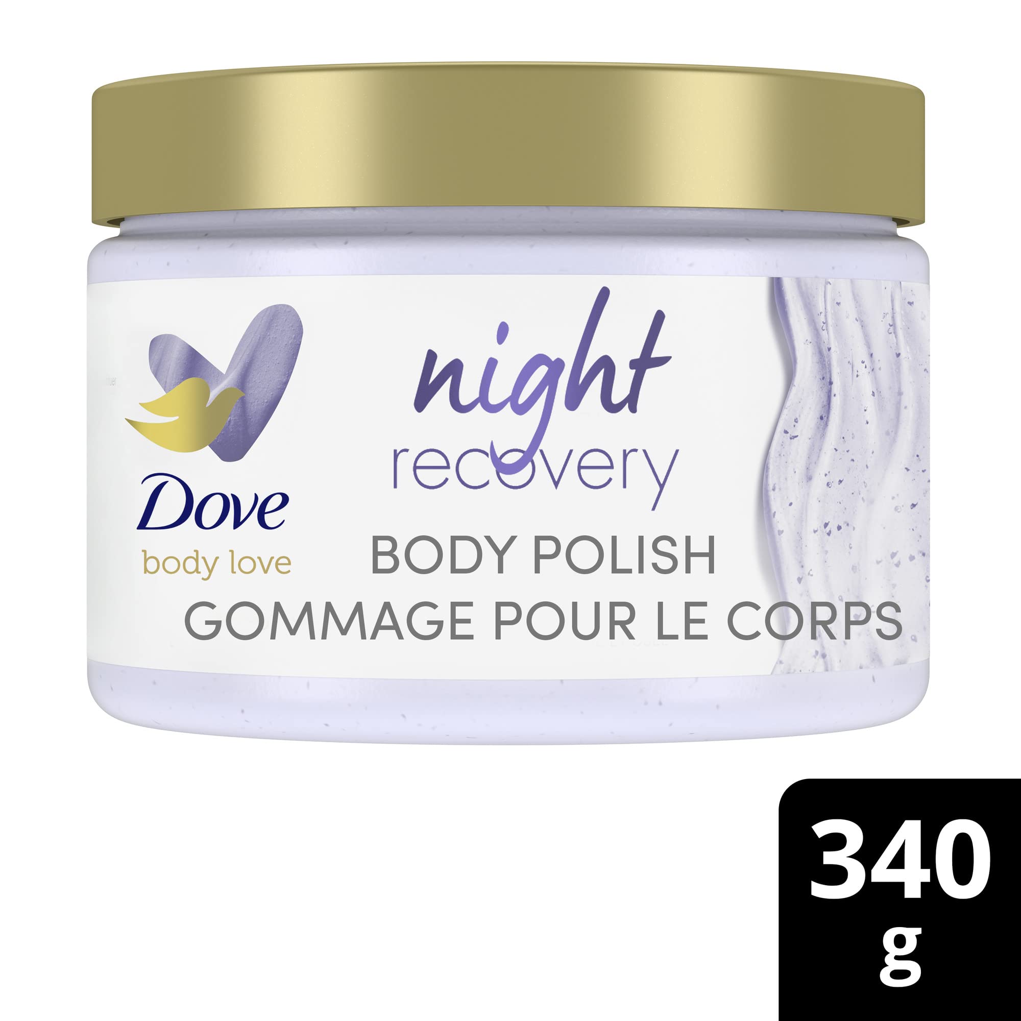 Dove Body Love Night Recovery scrub jar with rich exfoliants to renew dry skin