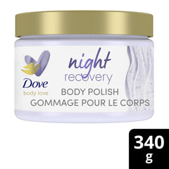 Dove Body Love Night Recovery scrub jar with rich exfoliants to renew dry skin
