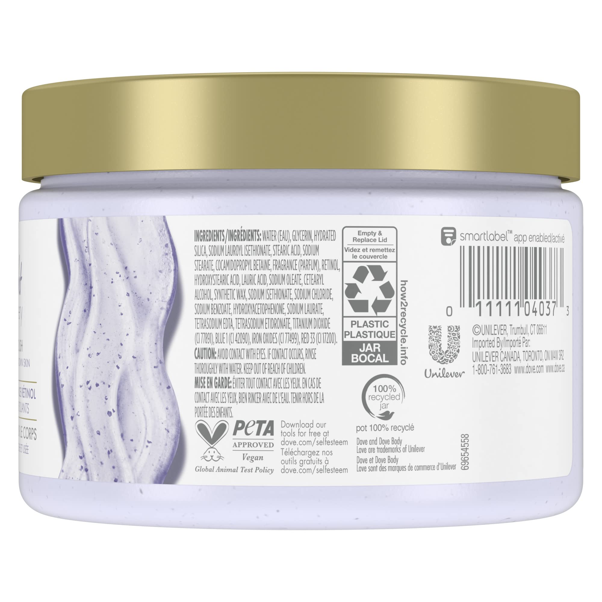 Dove Body Love Night Recovery scrub texture view showing creamy micro-particles