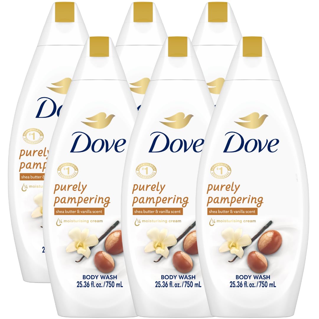 Dove body wash 6-pack bottle-front-label showcases calming vanilla-shea scent