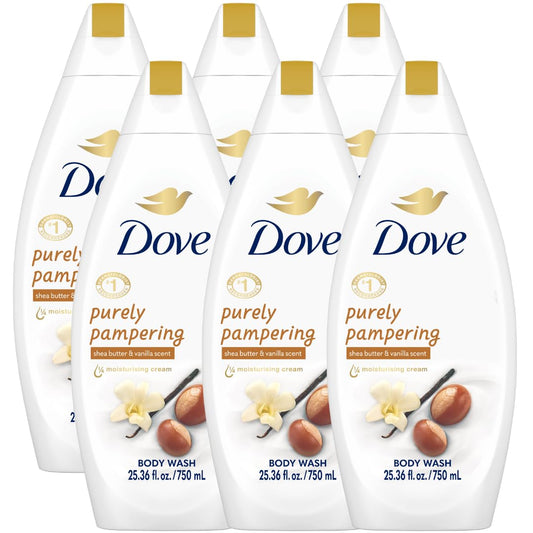 Dove body wash 6-pack bottle-front-label showcases calming vanilla-shea scent