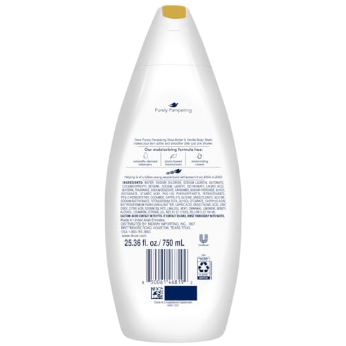 Dove body wash 6-pack label highlights shea butter and vanilla fragrance for pampering