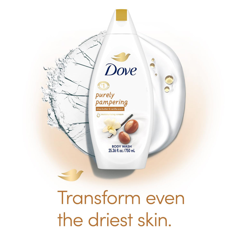 Dove body wash 6-pack in shower scene with gentle foam for a pampering routine