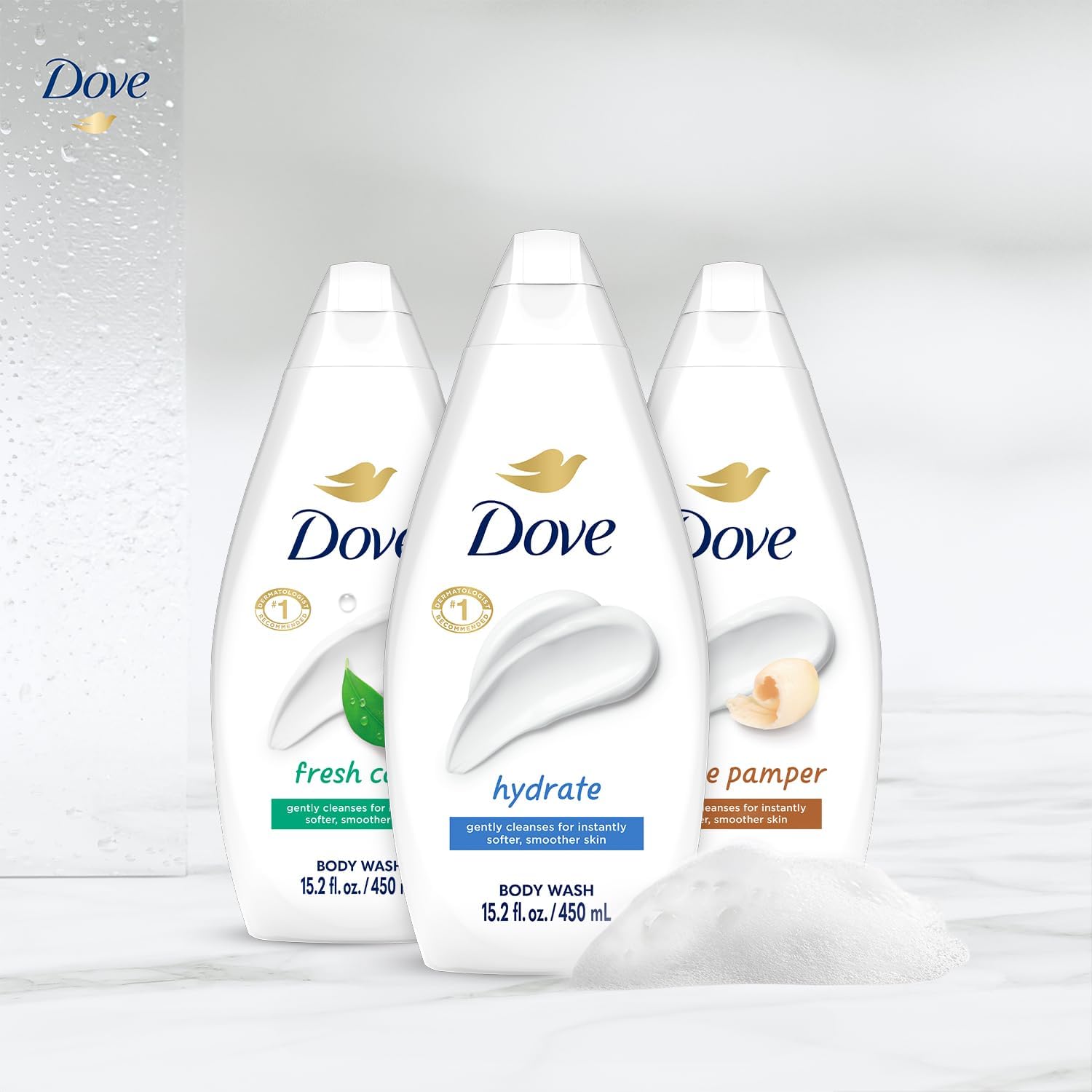Dove Body Wash Lather close-up highlights rich foam and skin-nourishing formula