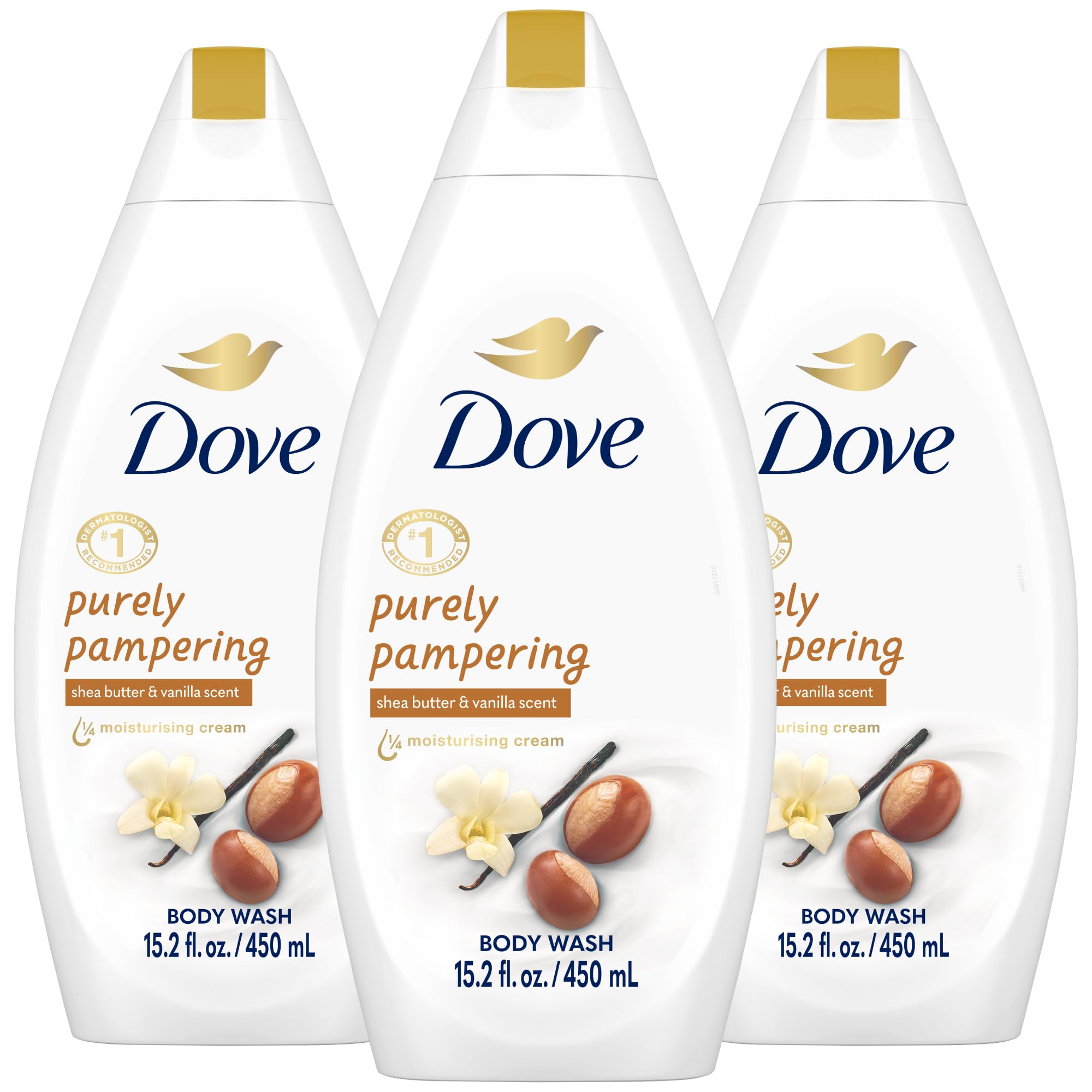 Dove Purely Pampering body wash bottle with vanilla scent for daily pampering