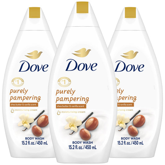 Dove Purely Pampering body wash bottle with vanilla scent for daily pampering