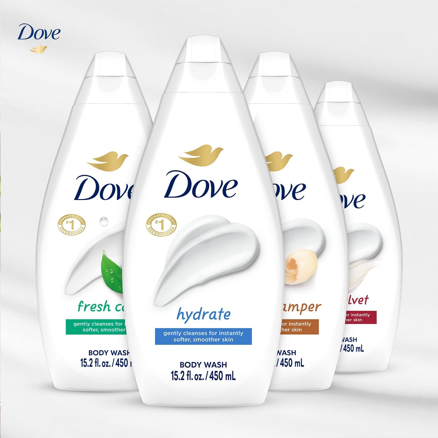 Dove body wash closeup highlighting creamy texture.