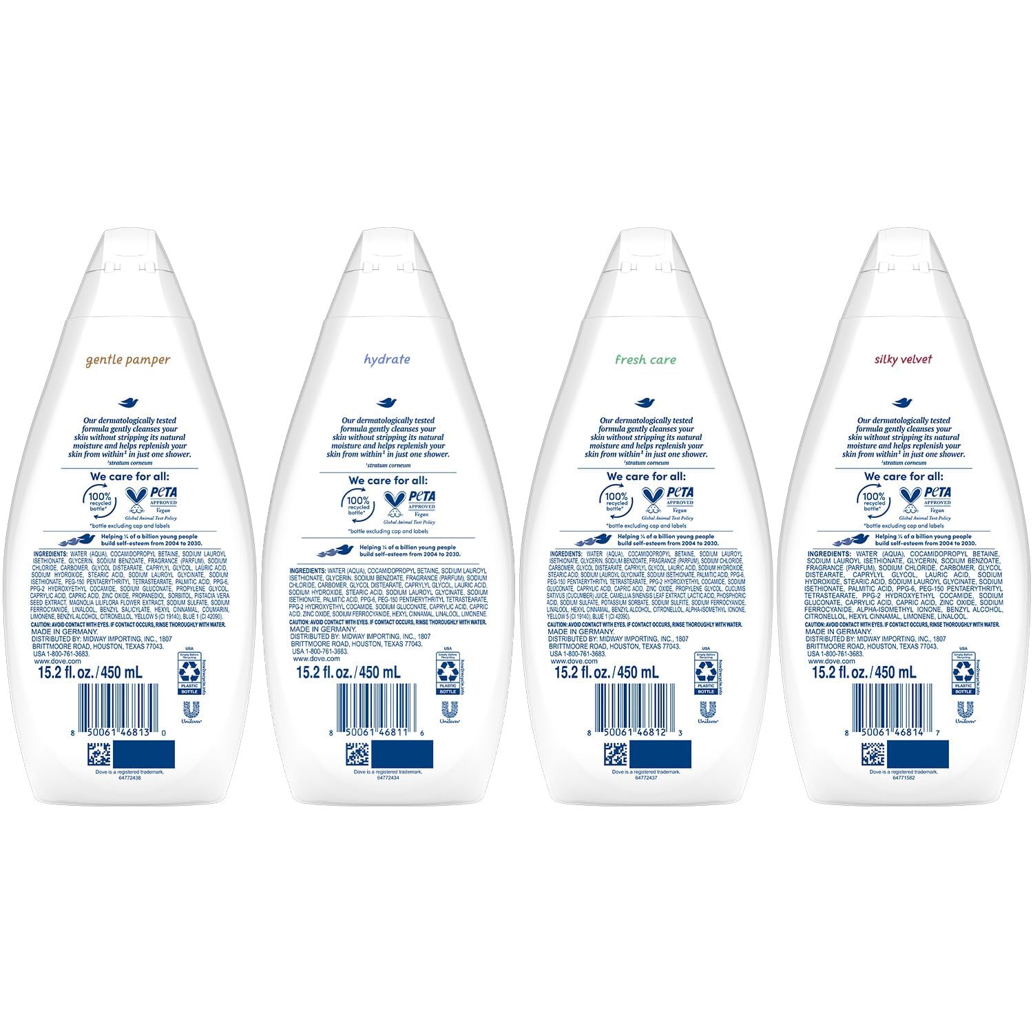 Dove Gentle Pamper bottle delivering gentle cleansing for sensitive skin.
