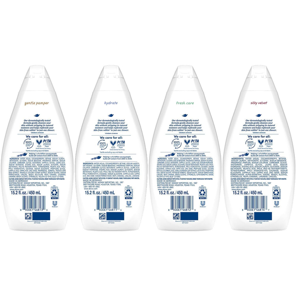 Dove Gentle Pamper bottle delivering gentle cleansing for sensitive skin.