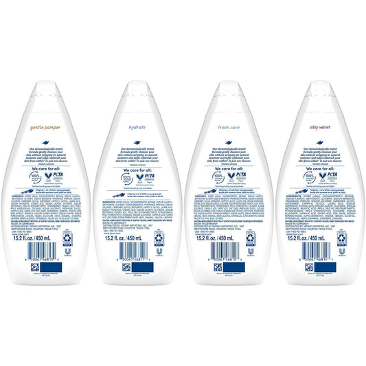 Dove Gentle Pamper bottle delivering gentle cleansing for sensitive skin.