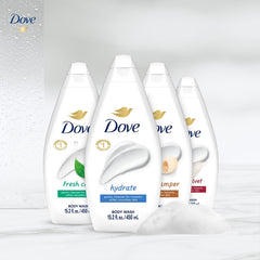 Dove Silky Velvet bottle highlights luxurious softness after shower.
