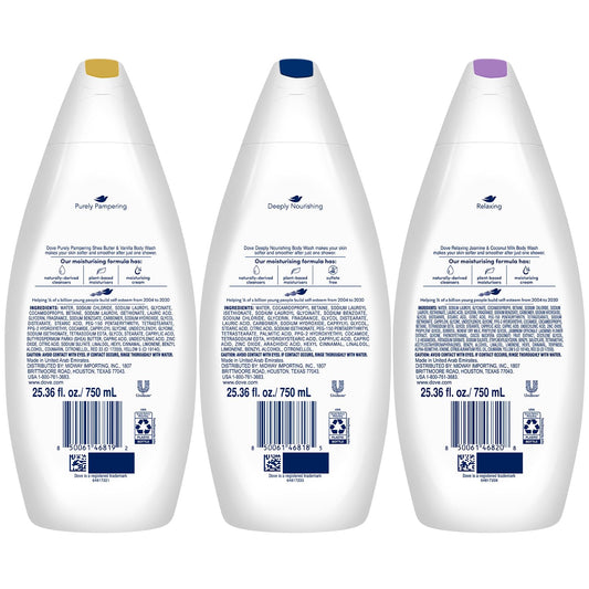 Dove Deeply Nourishing bottle front shows creamy formula for smooth skin.
