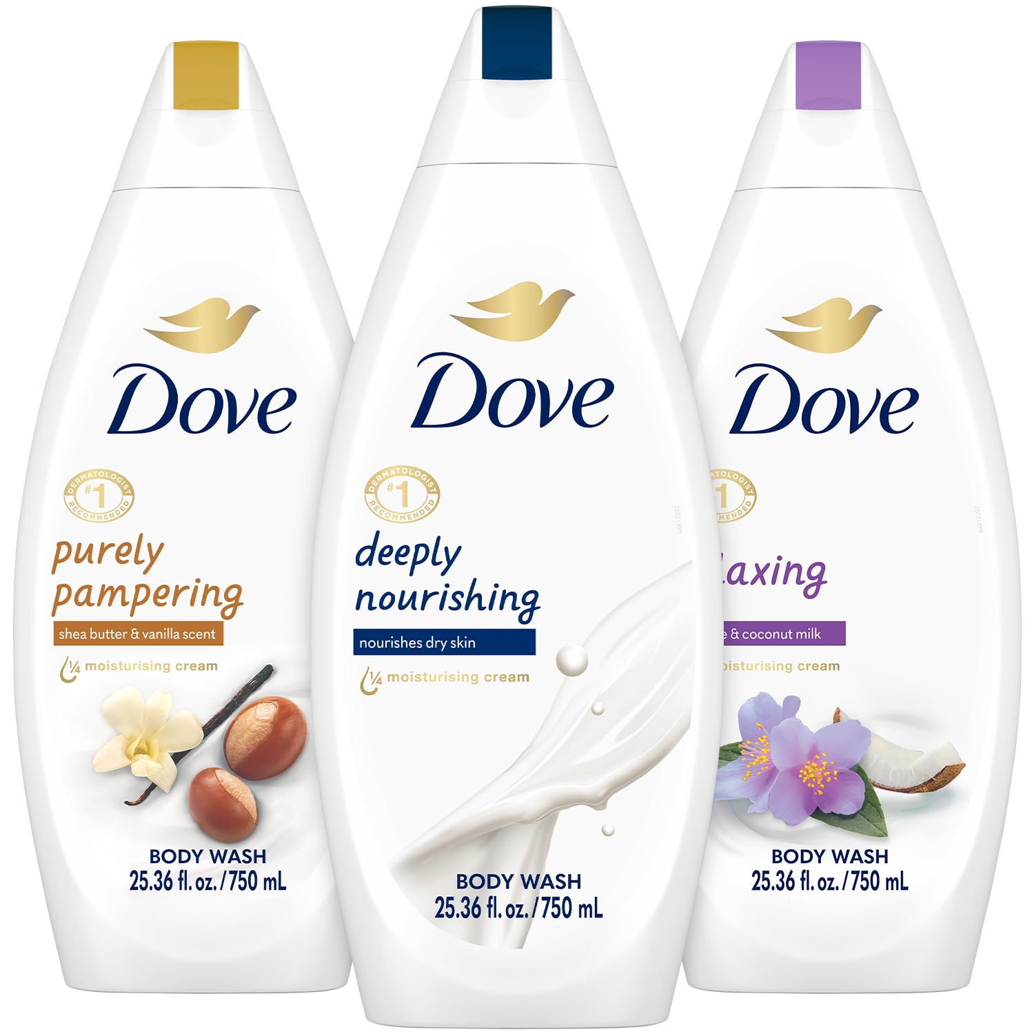 Dove Body Wash variety pack bottle pour for silky, hydrated skin.