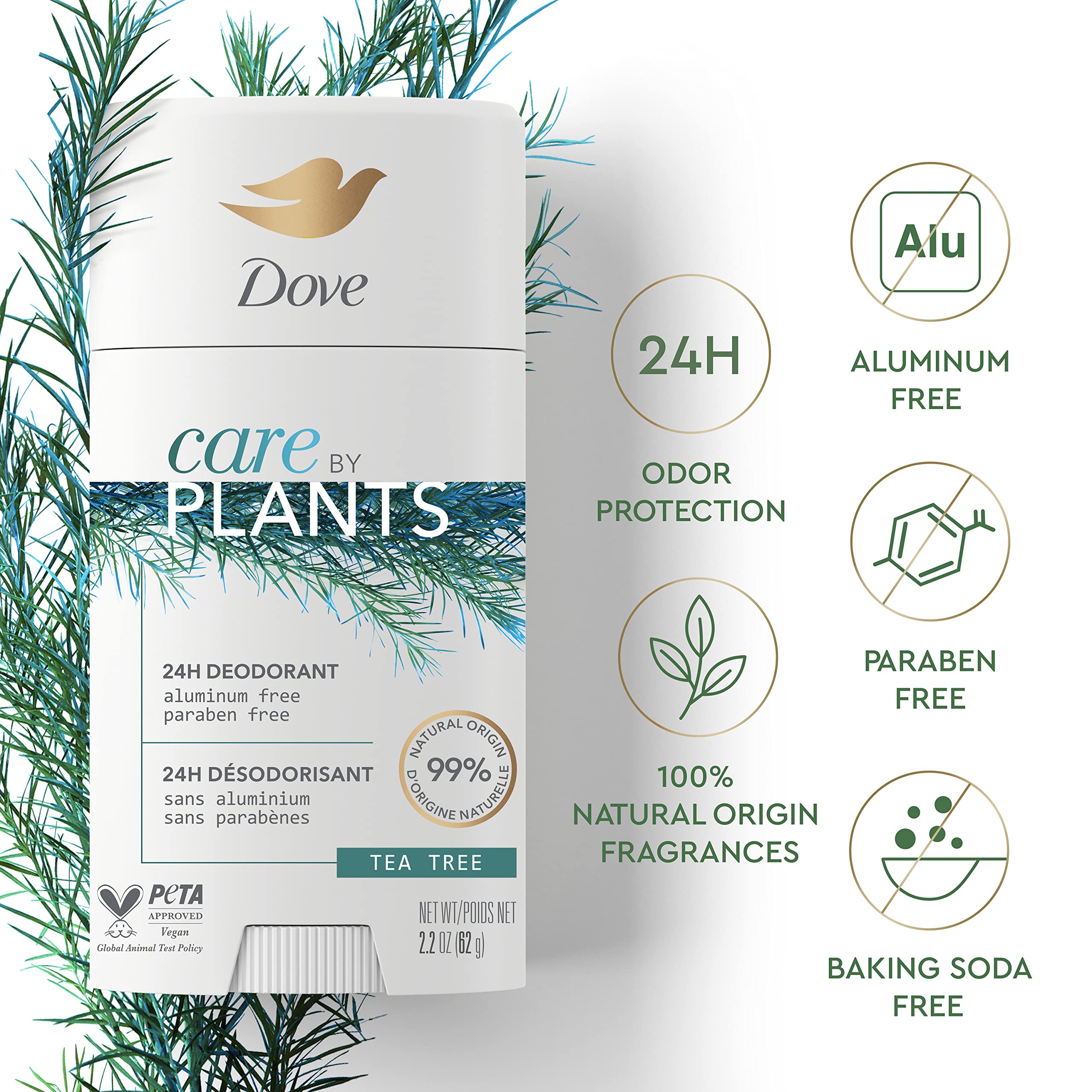 Dove Care by Plants Tea Tree Deodorant Stick 24-hour protection claim beside aluminum-free badge