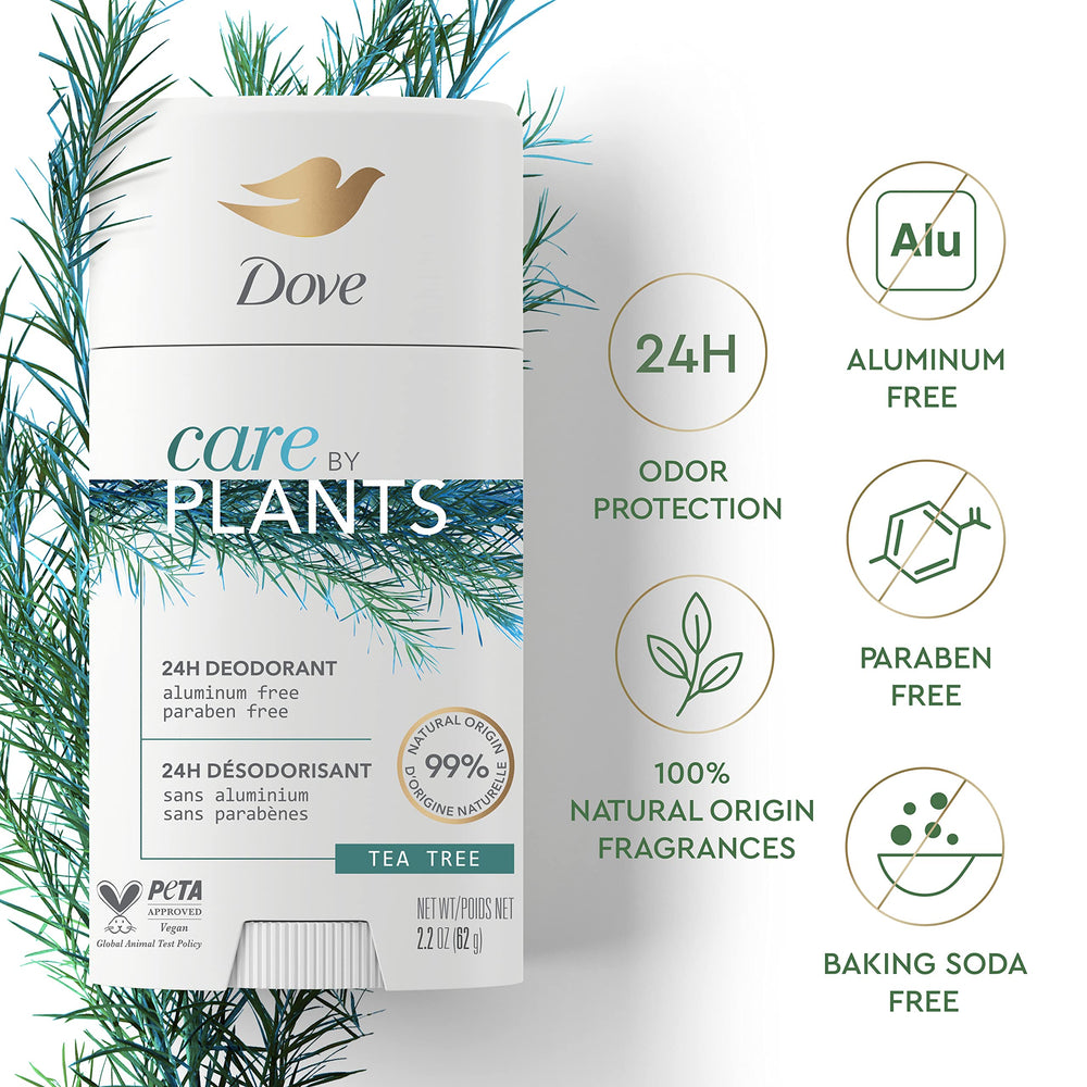 Dove Care by Plants Tea Tree Deodorant Stick 24-hour protection claim beside aluminum-free badge