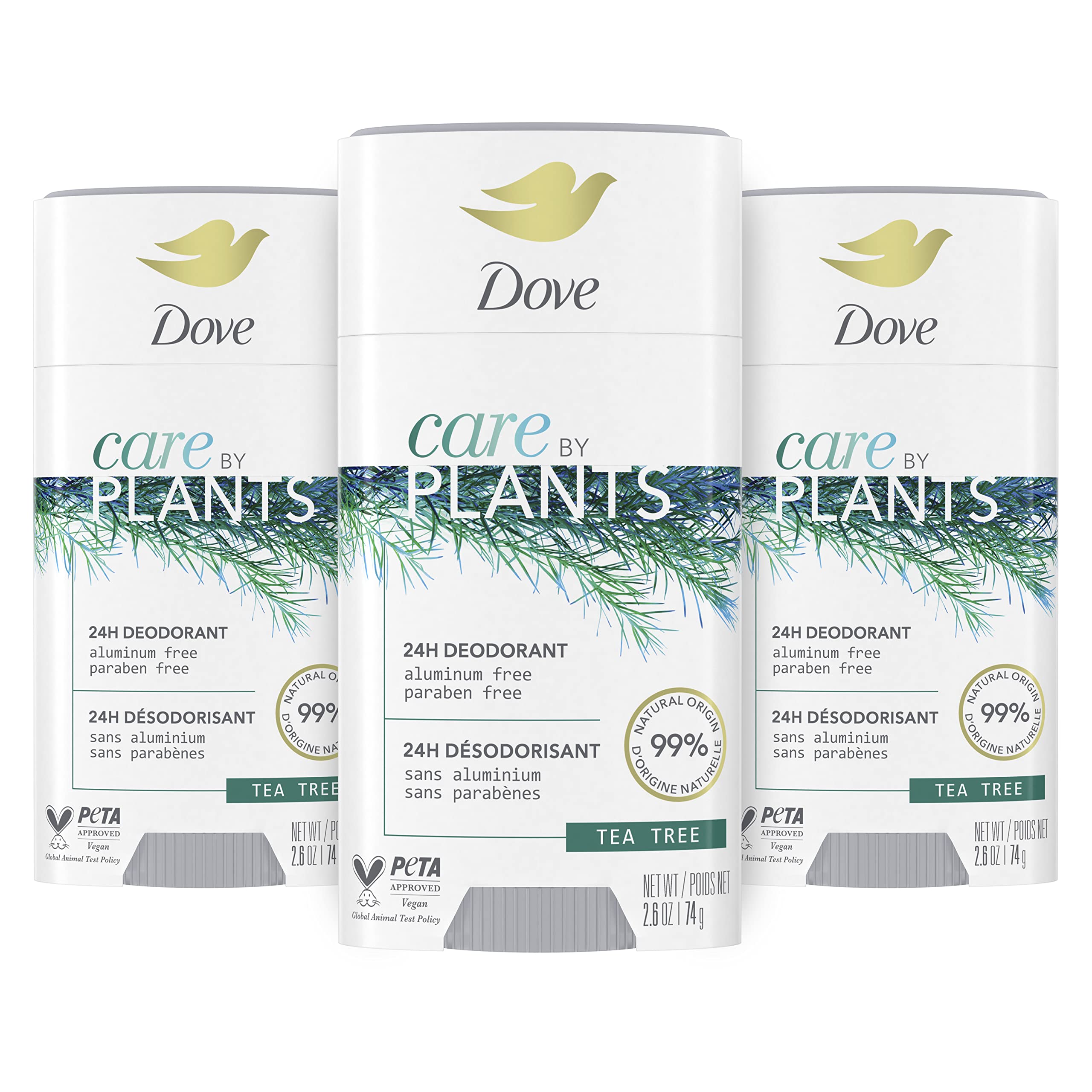 Dove Care by Plants Tea Tree Deodorant Stick packaging highlights aluminum-free formula for gentle odor protection
