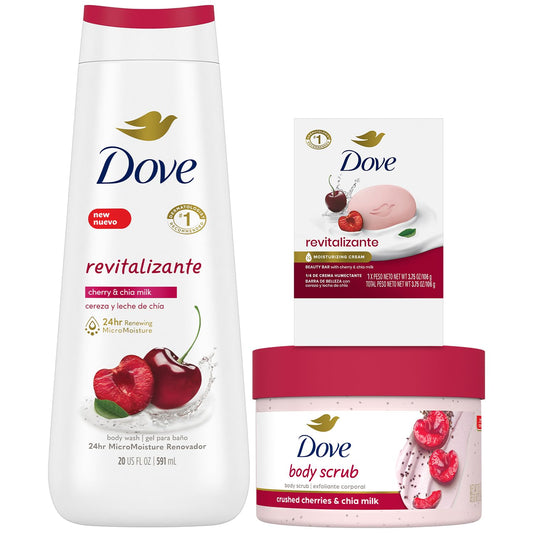 Dove Cherry Exfoliating Body Polish jar highlighting gentle cherry scrub for smoother skin.
