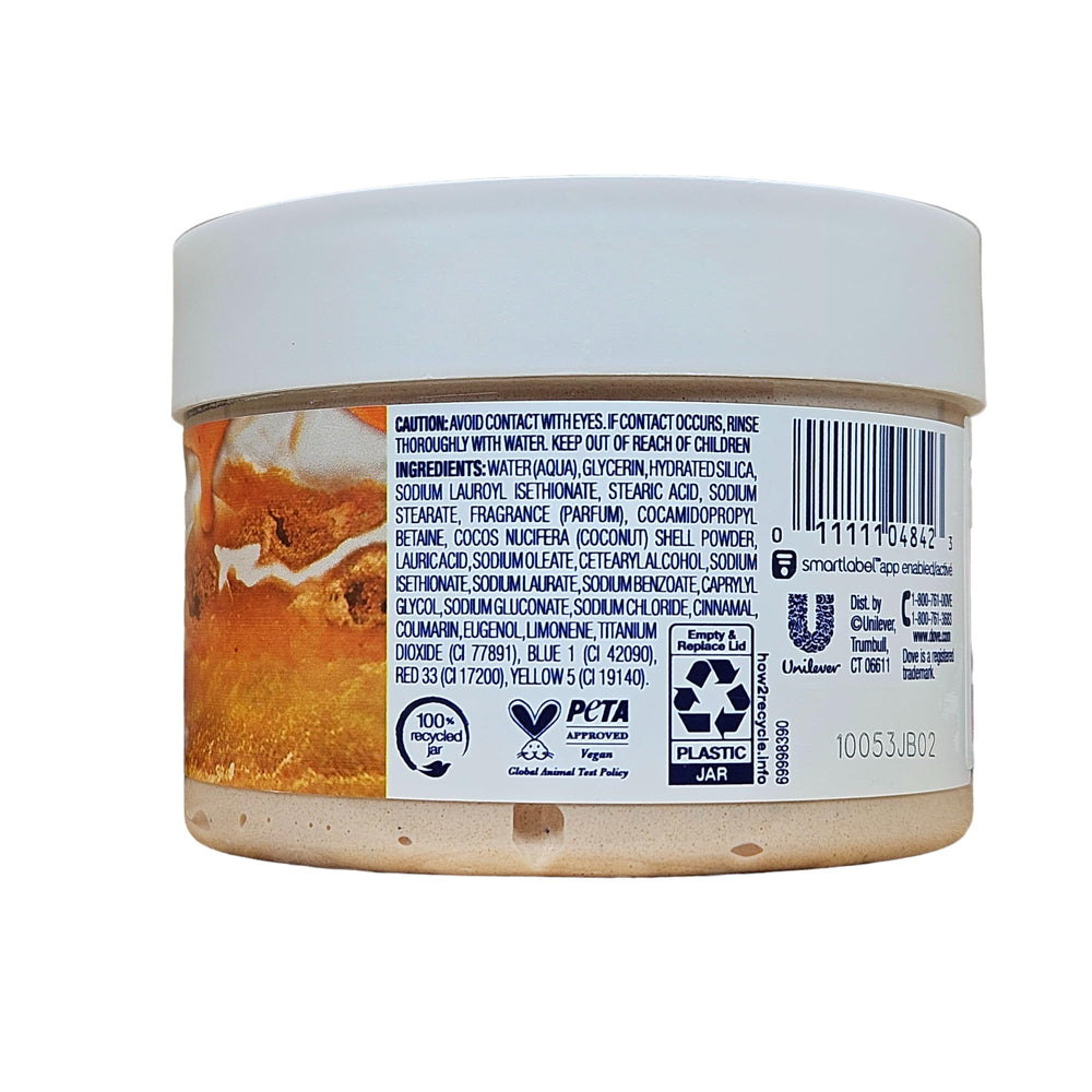 Dove Cinnamon Pumpkin Pie Body Scrub holiday packaging highlights festive scent and cream-based nourishment