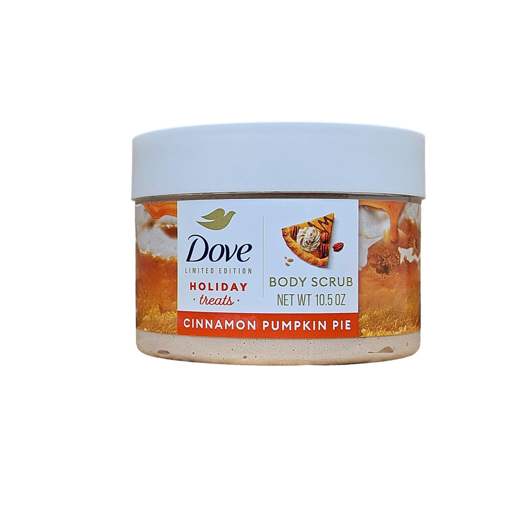 Dove Cinnamon Pumpkin Pie Body Scrub jar close-up shows rich exfoliation and nourishing texture
