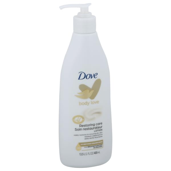 Dove Cleansing Lotion Restoring Care bottle closeup highlighting hydrating formula for everyday moisture