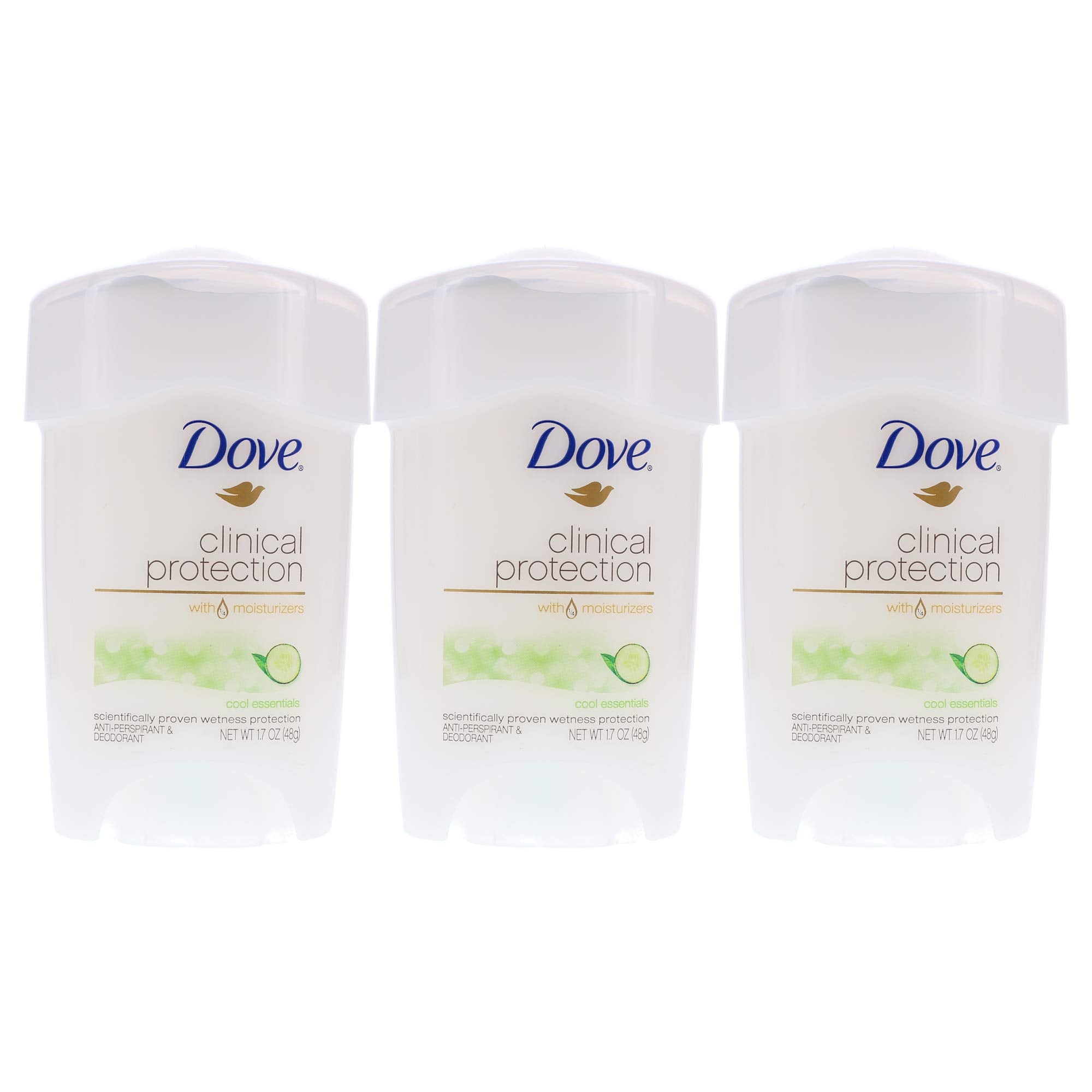 Dove Clinical Protection Cool Essentials deodorant stick in a three-pack for everyday freshness