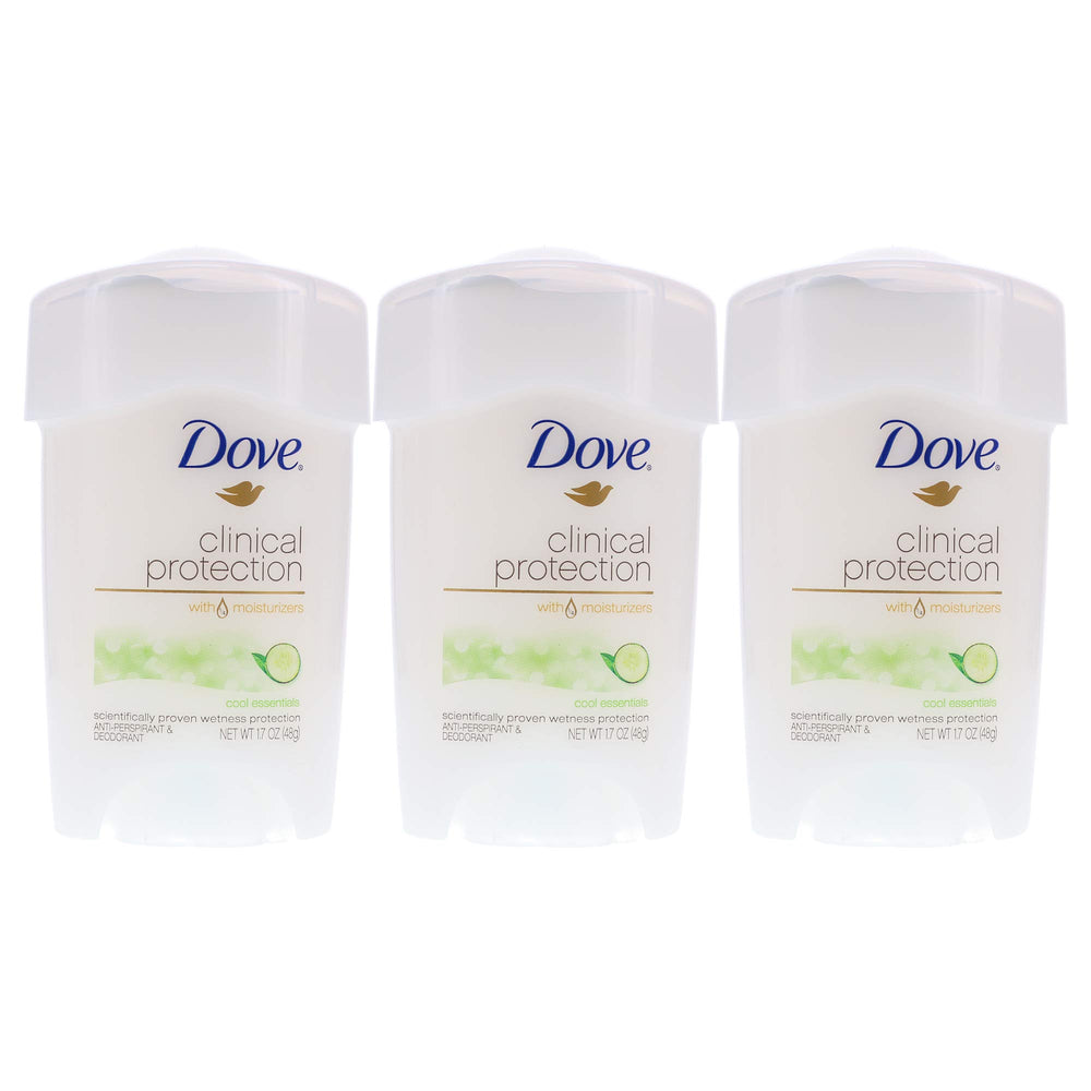 Dove Clinical Protection Cool Essentials deodorant stick in a three-pack for everyday freshness