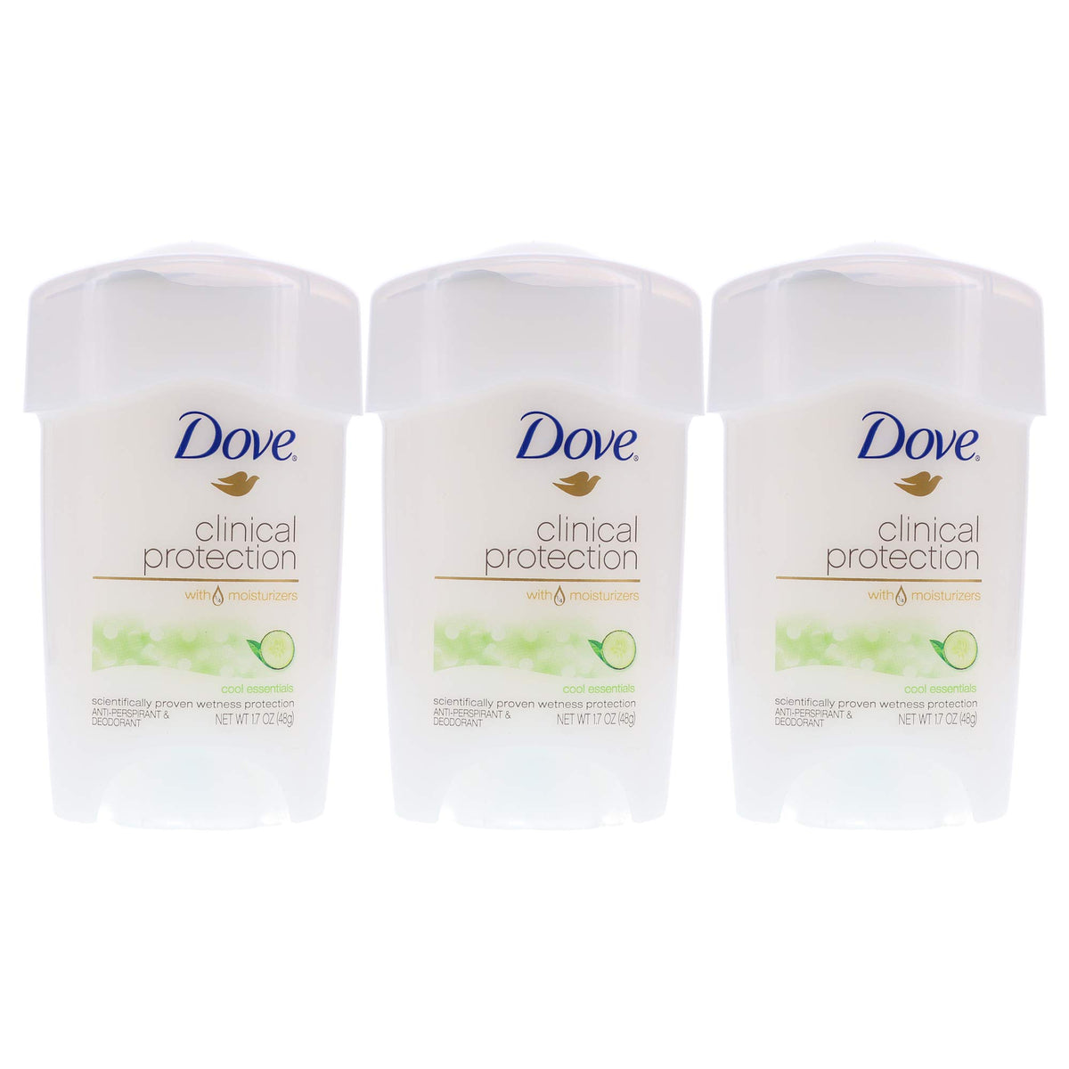 Dove Clinical Protection Cool Essentials deodorant stick in a three-pack for everyday freshness